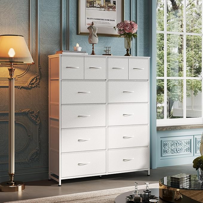 WLIVE Storage Organizer Unit with 12 Fabric Bins, Storage Drawers Organizer with Steel Frame, Tall Storage Tower Organizaton for Living Room, Hallway, Office, White