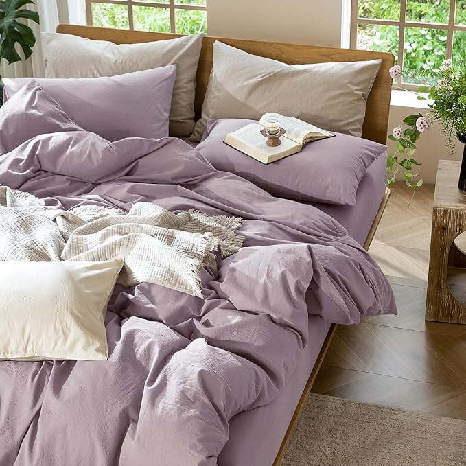 MooMee Bedding Duvet Cover Set 100% Washed Cotton Linen Like Textured Breathable Durable Soft Comfy (Solid Taro Purple, Super King Plus 120"x120")