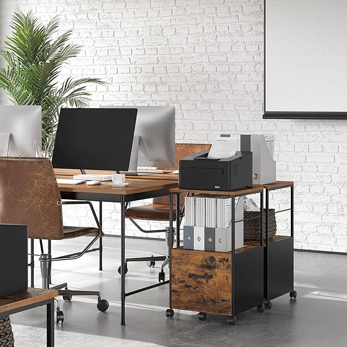 VASAGLE 1 Drawer File Cabinet with Lock, Printer Stand, Office Filing Cabinet Organizer, for A4 and Letter Size Documents, Rustic Brown and Black UOFC044B01