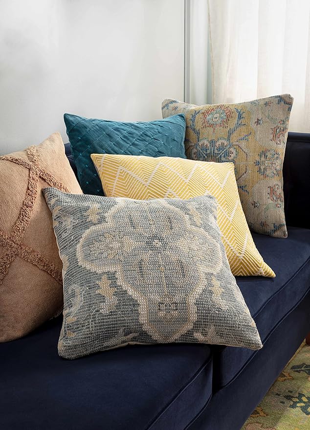 Hauteloom Bigaa Cotton Decorative Throw Pillow Cover - Oriental Floral Sofa Couch Cushion Cover - Blue, Sage, Cream - 14" x 22''