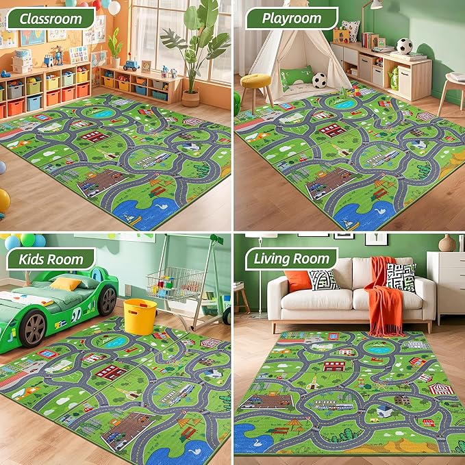BEQHAUSE Kids Play Mat 2pcs, Green City Traffic Road Kids Room Rug Great for Playing with Cars, 32”x60” Play Area Rug Car Rugs for Children's Bedroom, Toddler Classroom and Baby Playroom