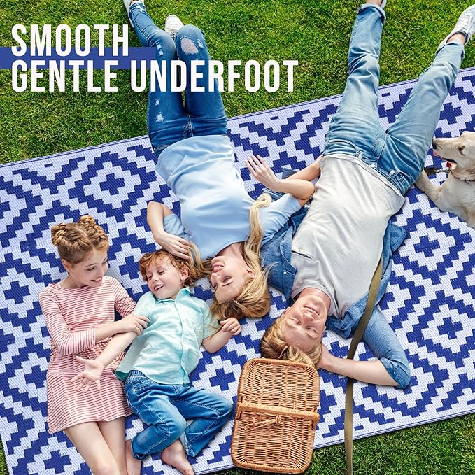 OLANLY Waterproof Outdoor Rug 5x8 ft, Outdoor Plastic Straw Rug for Camping, RV Mat Outside, Outdoor Carpet for Porch, Deck, Backyard, Balcony, Picnic, Blue & White