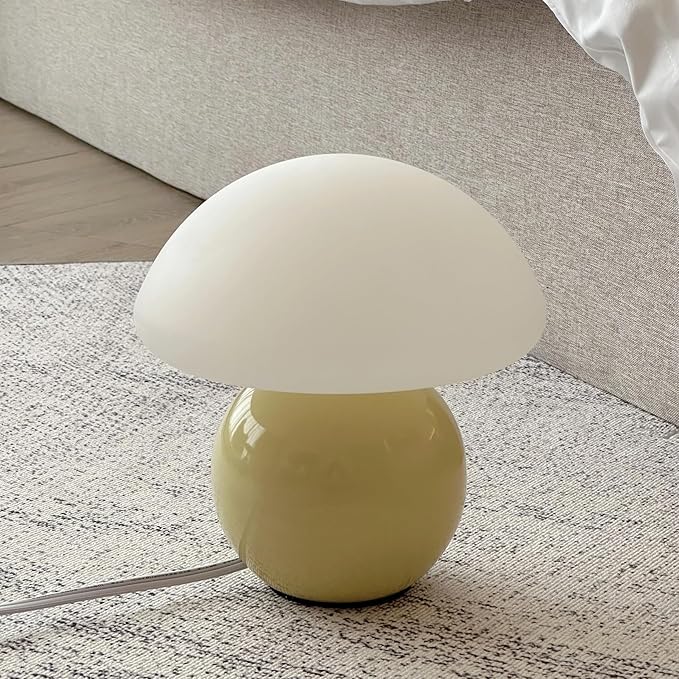 Mushroom Lamp Ceramic Base,Green Cute 70s Mid Century Modern Decor Lamp for Bedroom,Small Abstract Table Bedside Glass Mood Coze Fun Warm Light