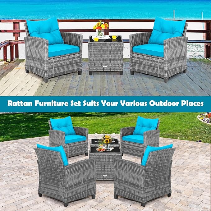 Tangkula 3 Pieces Patio Furniture Set, Outdoor PE Rattan Conversation Chair Set with Tempered Glass Side Table and Removable Cushions, PE Wicker Chairs and Table Set for Porch, Balcony and Garden