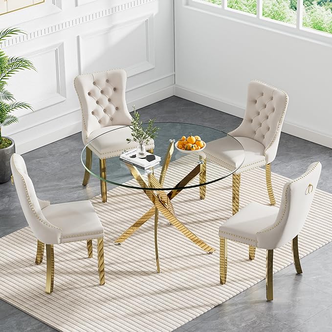 Goujxcy 5 Piece Round Glass Dining Table Set for 4, 36" Round Dining Table & Chair Set Modern Circle Glass Kitchen Table and 4 Velvet Upholstered Chairs for Kitchen Dining (Gold Table & Beige Chair)