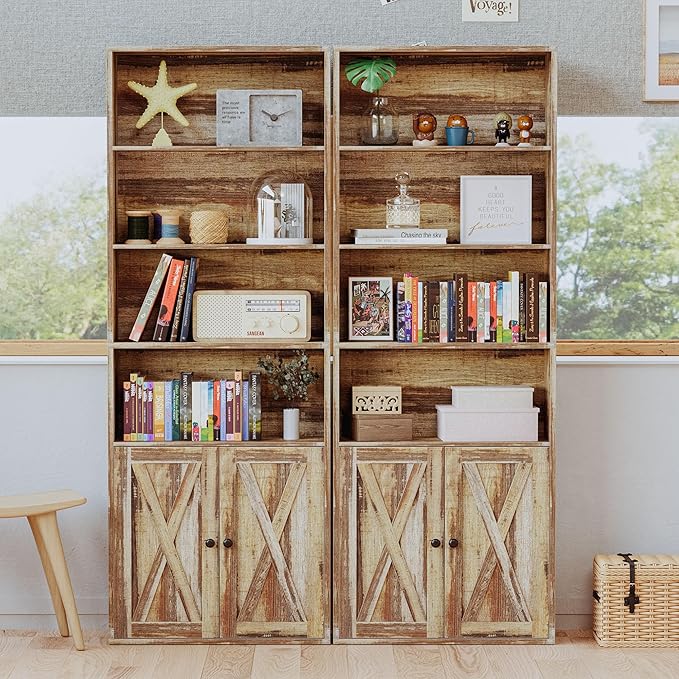 IRONCK Industrial Bookshelves and Bookcases with Doors Floor Standing 6 Shelf Display Storage Shelves 70 in Tall Bookcase for Home Office, Living Room