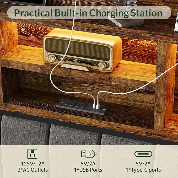 LARMACE Queen Bed Frame with 6 Storage Drawers, Bed Frame Queen Size with Linen Upholstered Headboard, Built in Charging Station and LED, No Noise, Metal Support, No Box Spring Needed,Vintage Brown