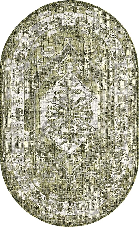Unique Loom Outdoor Traditional Collection Area Rug - Valeria (3' 3" x 5' 3" Oval, Green/ Light Green)