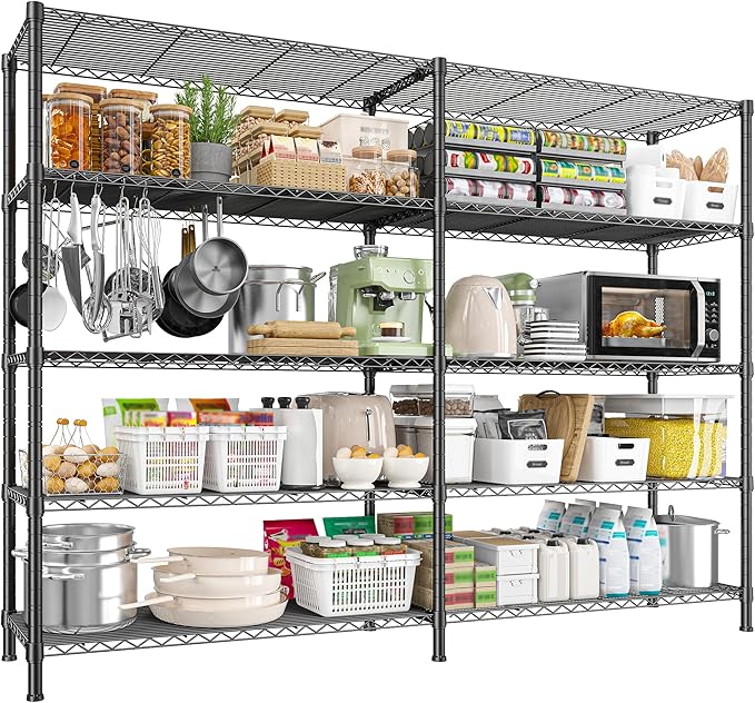 REIBII1450LBS Metal Shelving Unit Storage Shelves 5 Tier Wire Shelving 58.1''W Pantry Shelves Wire Shelf Adjustable Garage Shelving Heavy Duty Storage Rack for Pantry Kitchen Garage, Black