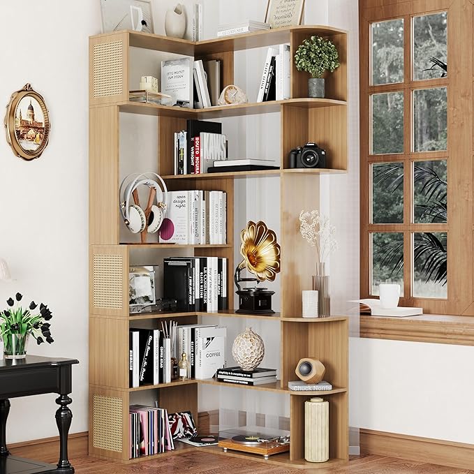 Corner Bookshelf 7-Tier,Farmhouse Corner Shelf,Tall Book Shelf L-Shaped Shelf Display Rack for Bedroom,Large Etagere Bookcase for Home Office Shelves(M-Walnut Wood)