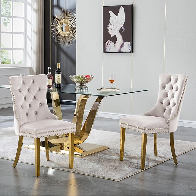 70" Modern Gold Glass Dining Table Set for 6, 7-Piece Rectangle Kitchen Dining Room Table Set with Steel Base & 6 Beige Velvet Upholstered Chairs, Modern Glass Kitchen Table and Chairs Set of 6