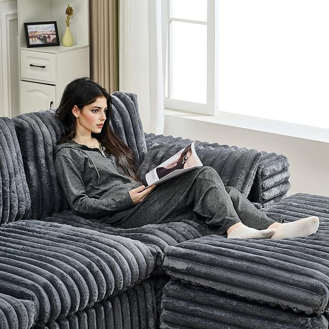 KEIKI 113'' Space-Saving Modular Sectional Sofa with Ottoman, Cloud-Like Ribbed Chenille Couch with Cup Holder & Storage Bag, Indoor Chaise Lounge Sofa Bed Alternative for Apartments & Modern Spaces