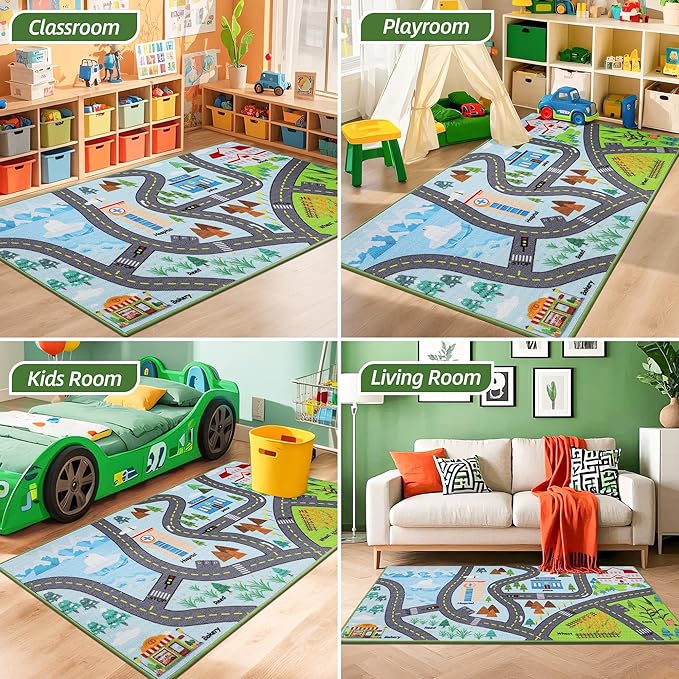 BEQHAUSE Kids Rug City Life, 32”x60” Educational Road Traffic Kids Rug, Non Slip Washable Play Mat Carpets for Children's Bedroom Playroom Nursery Room Decor