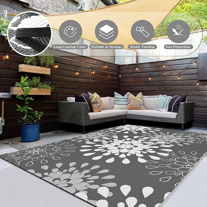 Wallona Outdoor Rugs 8x10 ft Patio Waterproof Clearance Indoor Outdoor Large Carpet for Patio Plastic Straw Reversible Area Rugs Mat for RV, Camping, Balcony, Beach, Picnic, Porch, Flower Grey & White