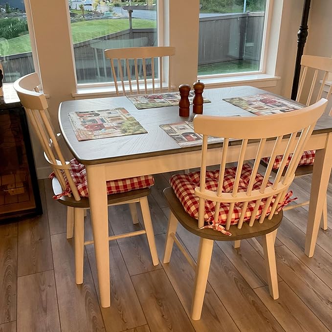 Barnett Home Decor Dining Chair Cushions with Ties - Size Medium 16.5x18, Latex Foam Fill, 100% Cotton, Machine Washable Chair Pads for Kitchen, Made in USA (Farmhouse Check Black & White/Pack of 2)