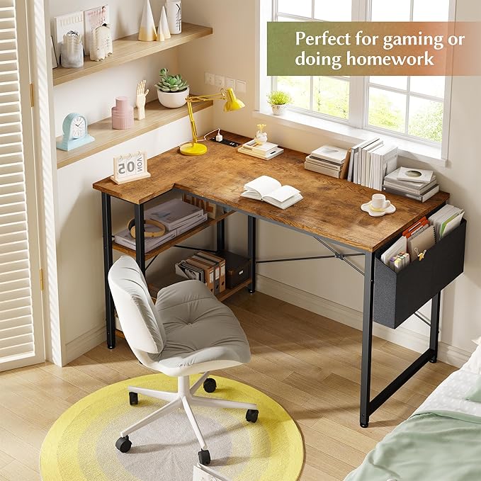 EnHomee Small Computer Desk with Storage Shelves & Side Bag, 40 Inch L Shaped Gaming Desk with Power Outlets, Corner Desk Study Writing Table for Home Office Bedroom Living Room, Brown
