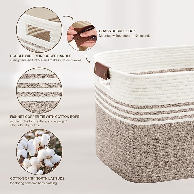 Laundry basket with leather handles for clothes,blankets,pillows,toys,towels,suitable for bedrooms and living rooms,cotton woven laundry hamper,extra large gift basket,22"x17"x12",Beige Brown