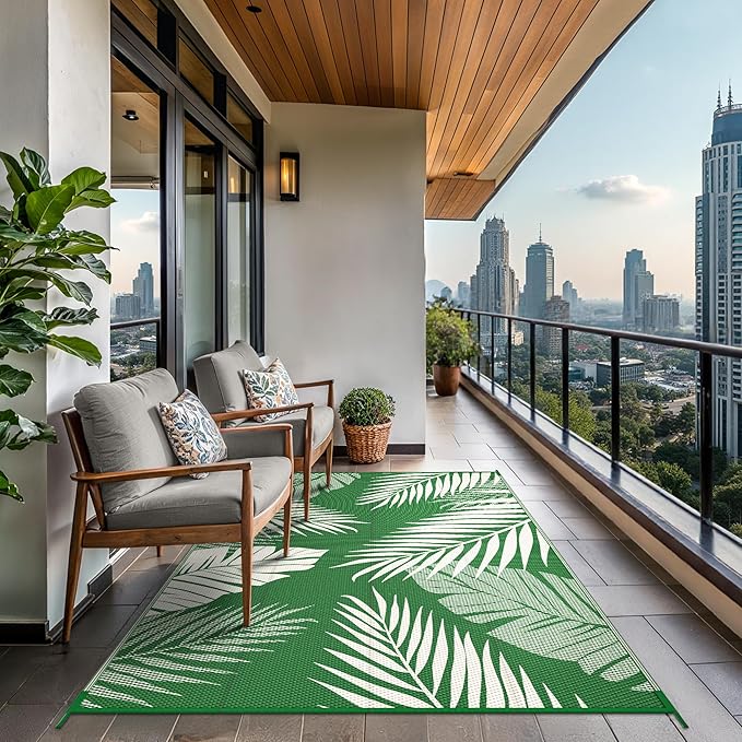 GENIMO Outdoor Rug 8' x 10' Waterproof for Patios Clearance, Reversible Outdoor Plastic Straw Camping Rug Carpet, Large Area Rugs Mats for RV, Picnic, Backyard, Deck, Balcony, Porch, Dark Green&White