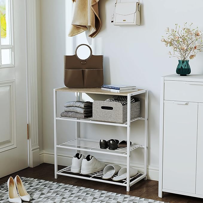 Yusong Shoe Rack Organizer, 4 Tier Industrial Shoe Storage Shelf for Closet Entryway, Narrow Sturdy Metal Shoe Shelves, White