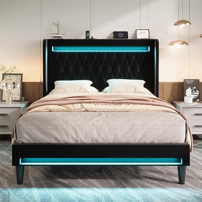 Allewie Upholstered Queen Size Platform Bed Frame with LED Light and Charging Station, Button Tufted High Headboard, Wingback Design, Noise Free, Easy Assembly, No Box Spring Needed, Black