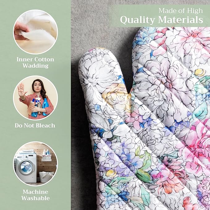 Maison d' Hermine Oven Gloves 100% Cotton Oven Mitt 7" x 13" with Loop Heat Resistant, BBQ, Cooking Gloves, Baking, Grilling, Kitchen, Handling Hot Pans Spring/Summer (Pack of 1, Floral Love)