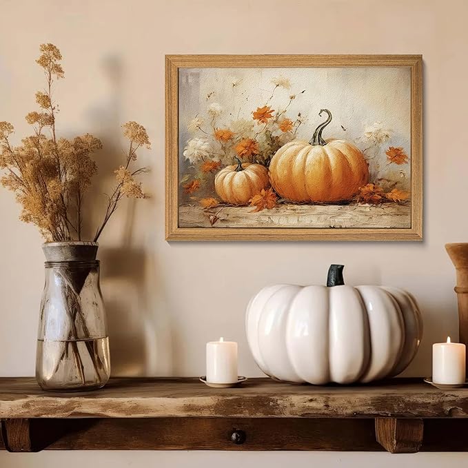 Framed Vintage Halloween Pumpkin Wall Art – 3D Texture Harvest Pumpkins Pictures Fall Wall Decor for Living Room, Rustic Autumn Pumpkin Art Prints for Kitchen, Bedroom, Home or Party – 12x16in