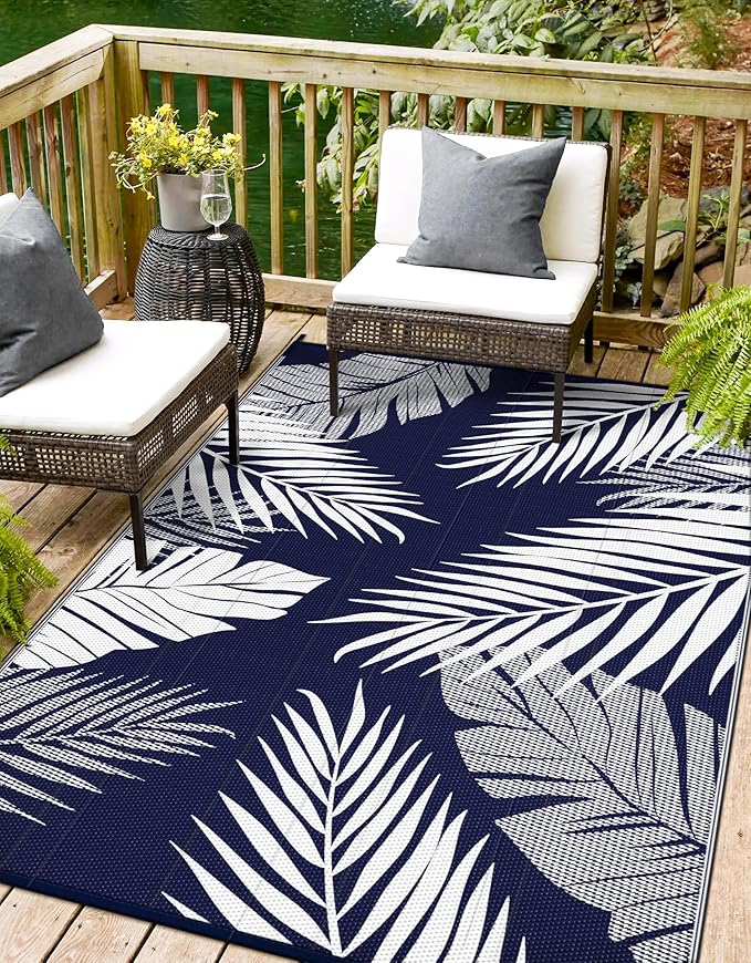 Outdoor Rug 5’x8’ Waterproof for Patio Clearance, Reversible Indoor Outdoor Plastic Straw Camping Rug Carpet, RV Mat, Large Area Rug for Deck, Backyard, Balcony, Porch, Beach, Blue & White