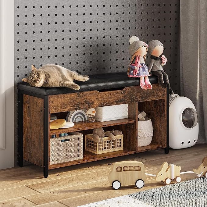 Shoe Bench, Lift Top Shoe Storage Bench, Adjustable Shelf Entryway Bench, Metal and Wood Shoe Rack Organizer with Cushion for Entry, Bedroom, Closet, Living Room, Hallway (Brown, 35.5“W)