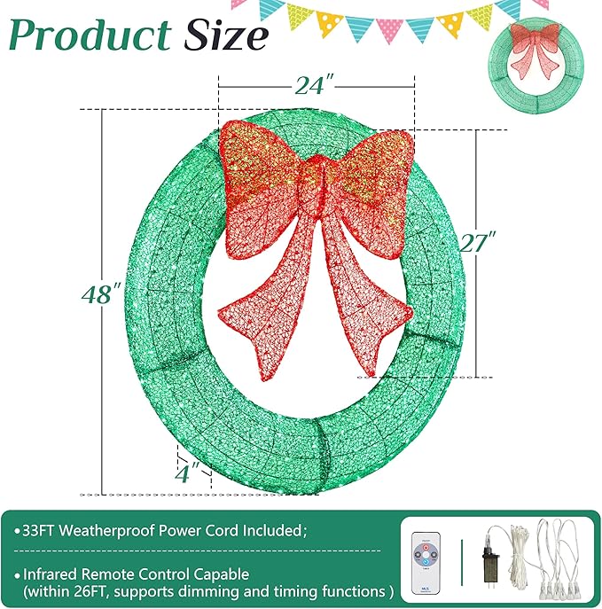 Sweetcrispy 48in Pre-Lit Christmas Wreath, LED Lighted Holiday Outdoor Decoration with Bow for Door, Mantel, Wall, Windows, Front Door Decor, Green Wreath - Red Bow