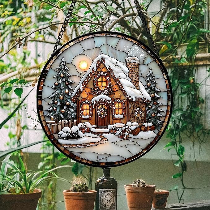 Stained Glass Window Hanging - Christmas Tree Cottage Sun Catcher for Door Garden Home Winter Decor Snowy Night Suncatcher Mother's Day Birthday Gifts for Women Men Mom Nana 11.8 in