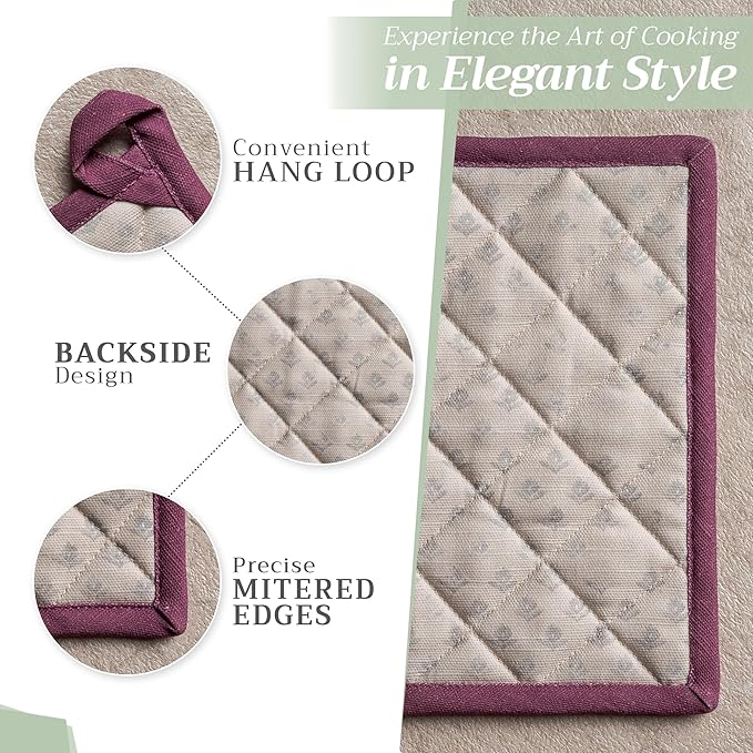 Maison d' Hermine 100% Cotton Oven Mitt & Pot Holder Set (7.5"x13" & 8"x8") Heat Resistant BBQ Cooking Gloves with Loop, Baking, Grilling, Kitchen, Handling Hot Pans Spring/Summer (Fanny Lavender)