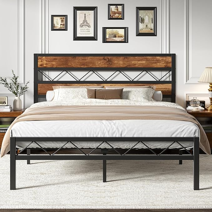 VECELO Queen Size Bed Frame with Headboard, Heavy-Duty Platform Bedframe with Metal Slats Support, No Box Spring Needed, Easy Assembly, Black & Brown