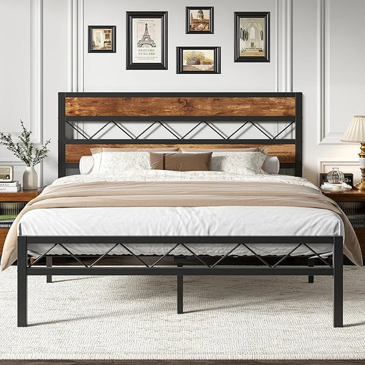 VECELO Queen Size Bed Frame with Headboard, Heavy-Duty Platform Bedframe with Metal Slats Support, No Box Spring Needed, Easy Assembly, Black & Brown