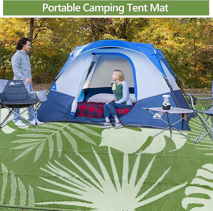 Waterproof Outdoor Rug 9x12 ft, Reversible Plastic Straw Mat with Leaf Pattern, Large Floor Mat for Patio, Camping, Picnic, Backyard RV, Deck, Light Green