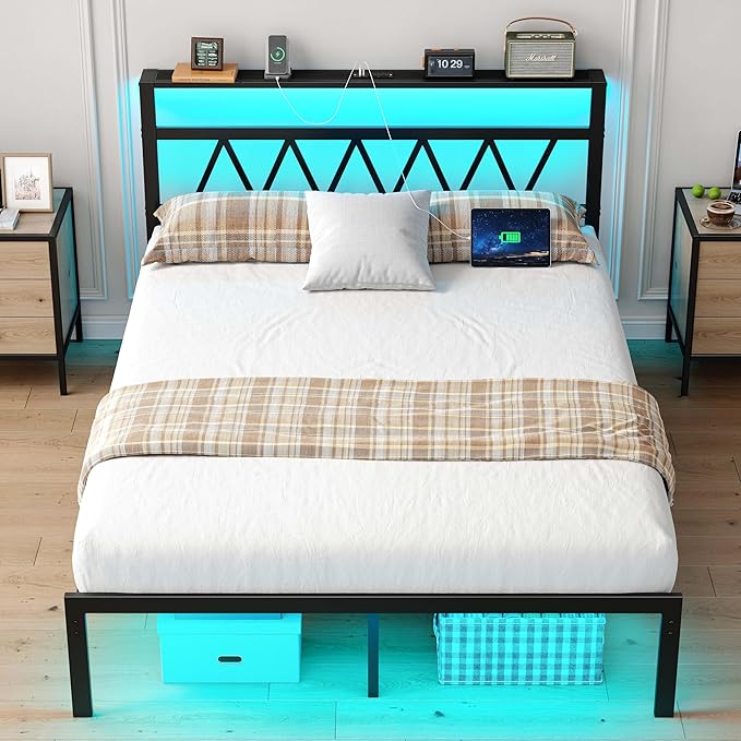 Full Bed Frame with Smart LED Lights, Storage Headboard and USB Charging Station,Heavy Duty Wooden Slats, No Box Spring Needed, Noise Free, Easy Assembly (Classic Black, Full)