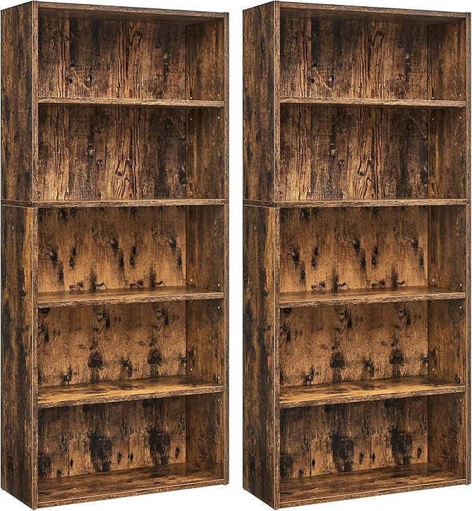 VASAGLE Set of 2 Bookshelves, 23.6 Inches Wide, 5-Tier Open Bookcases with Adjustable Storage Shelves, Floor Standing Units, Rustic Brown ULBC165X01-2