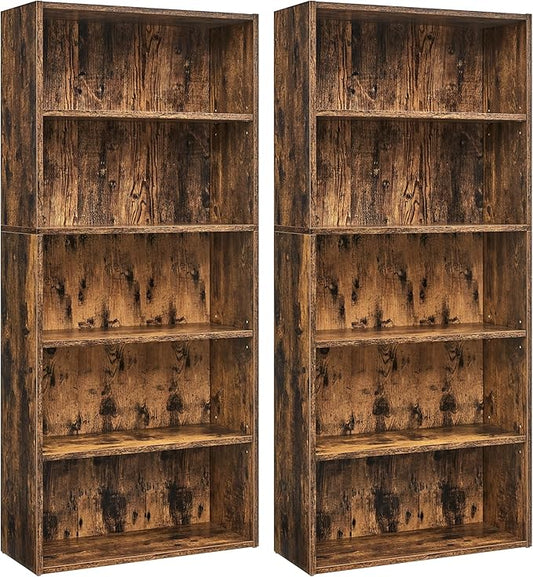 VASAGLE Set of 2 Bookshelves, 23.6 Inches Wide, 5-Tier Open Bookcases with Adjustable Storage Shelves, Floor Standing Units, Rustic Brown ULBC165X01-2