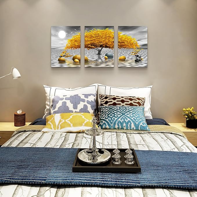 Wall decorations for living room Canvas Wall Art for bedroom Abstract wall decor Black and white Canvas Art Yellow tree paintings bathroom Home Decoration 3 Piece Hang Pictures Office Wall Artworks