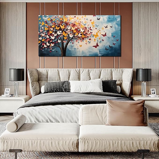 Butterfly Tree Canvas Wall Art for Living Room Bedroom Home Office Blue Colorful Tree of Life Wall Art Modern Large Framed Canvas Prints Size 29x59