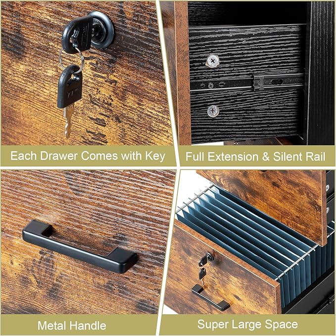 VINGLI 2-Drawer Small Rolling File Cabinet with Lock, Wood Filing Cabinet for Hanging Letter Size Filings with Tabs, Mobile Under Desk File Cabinets for Home Office, Rustic Brown & Black, 27.2" H