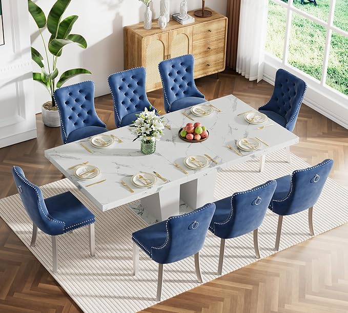 Goujxcy 9-Piece Extendable Dining Table Set for 6-8 People 63-78 Inch Kitchen Table Set with 8 Blue Upholstered Chairs Modern White Faux Marble Rectangular Dining Room Table Set for Kitchen Apartment