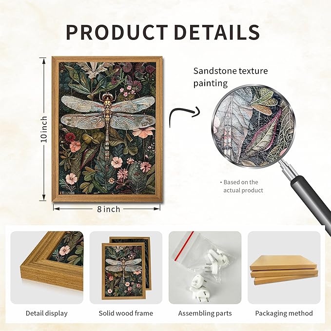 Framed Vintage 3D Textured Wall Art - Dark Green Dragonfly Flowers Wall Decor - Hand Drawn Sandstone Nature Botanical Pictures for Living Room Bedroom Home Decor 8x10in