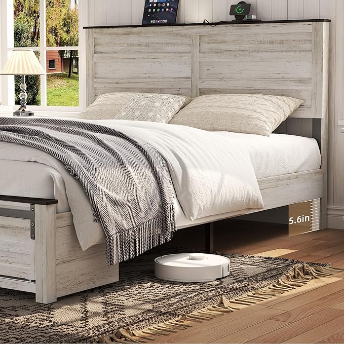 Wooden Bed Frame Full Size with Headboard & Sliding Barn Door Storage Footboard, Farmhouse Platform Bedframe with Charging Station, No Box Spring Needed, Boho White