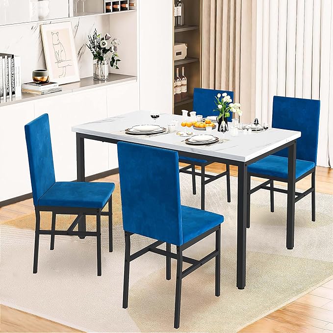 Dining Table Set for 4, 47.2" Faux Marble Kitchen Table Set with 4 Upholstered Velvet Chairs, Dinette Table Set for Dining Room, Kitchen, Breakfast Corner (Blue)