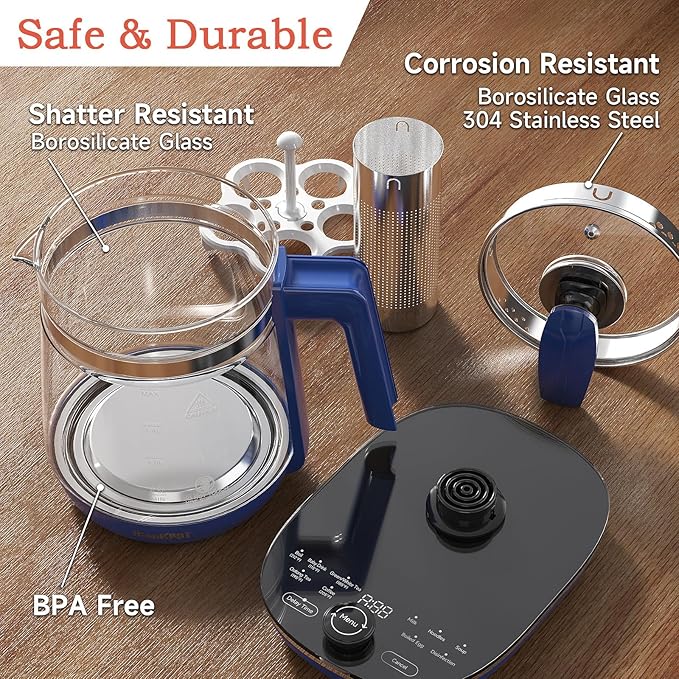 Hot Glass Electric Kettle with Tea Infuser and Temp Control, 1.5L Stainless Steel Maker & 1200W Rapid Boiling, Programmable for Teas & Coffee, Blue