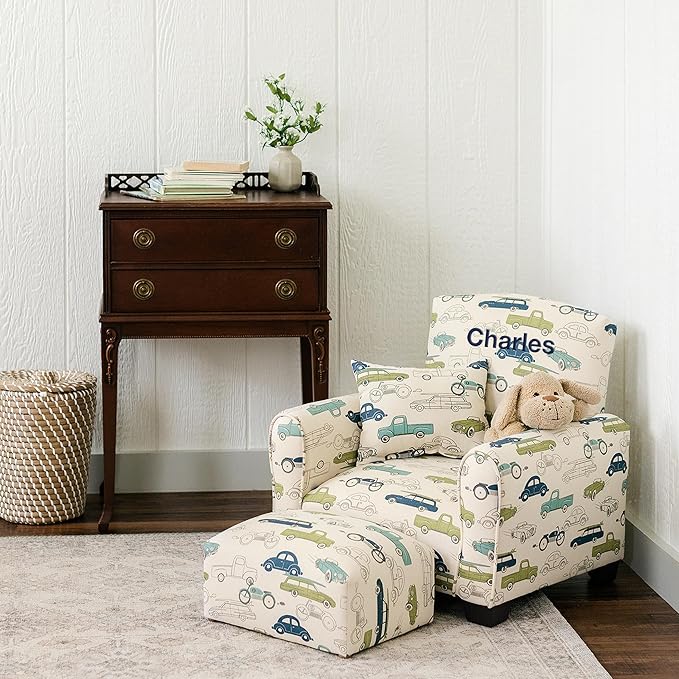 Toddler Personalized Armchair, Kids Upholstered Rocking Chair with Personalization, Toddler Chair with Personalized Name, Comfy Child Armchair, (Cars & Trucks Print, Rockers)