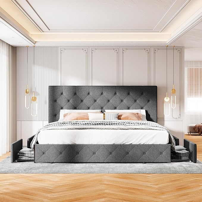 MUTICOR King Size Bed Frame with 4 Storage Drawers, Upholstered Platform Bed with Button Tufted Adjustable Headboard, No Box Spring Needed, Easy Assembly, Diamond Tufted, Dark Grey Fabric