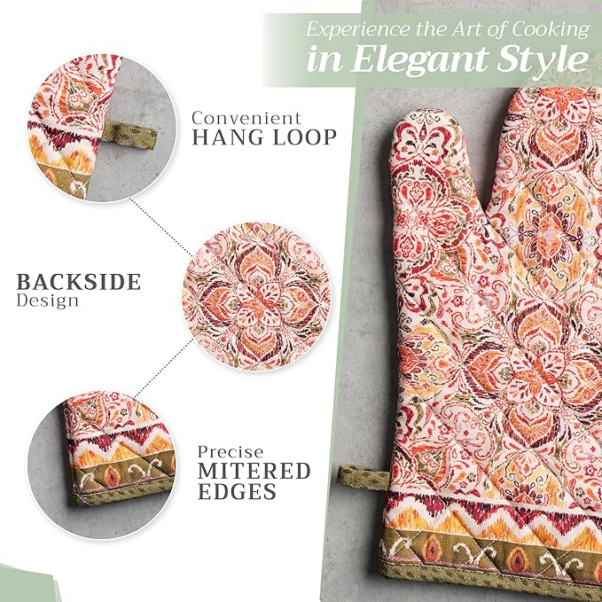 Maison d' Hermine Oven Gloves 100% Cotton Oven Mitt 7" x 13" with Loop Heat Resistant BBQ Cooking Gloves for Thanksgiving Christmas Decorations Baking Handling Hot Pans (Pack of 1, Damask)