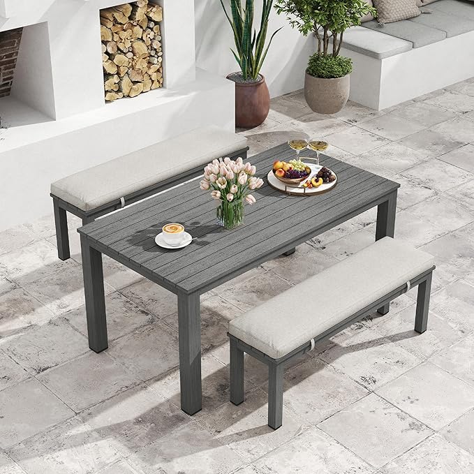 Aluminum Patio Dining Sets, 3 Pieces Patio Table Set, Outdoor Dining Table with 2 Bench, Outdoor Patio Dining Furniture Set with Removable Cushion for Lawn, Garden, Backyard, Grey