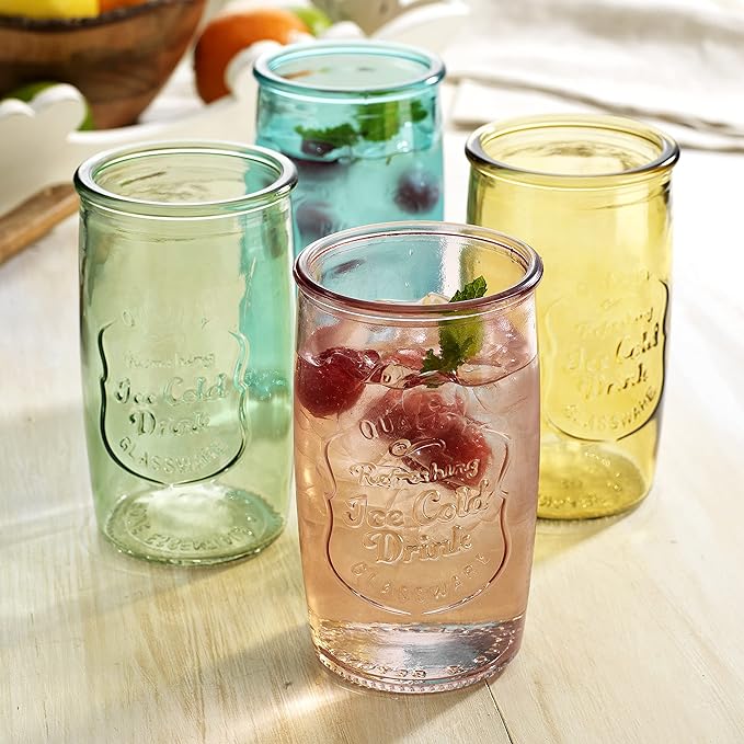 Glaver's Colored Glassware, Ice Cold Drinking Glasses Set of 4 – 18 Oz Vintage Glass Cups for Kitchen, Dining Table – Multi- Colors Glass Tumblers. Hand Wash.